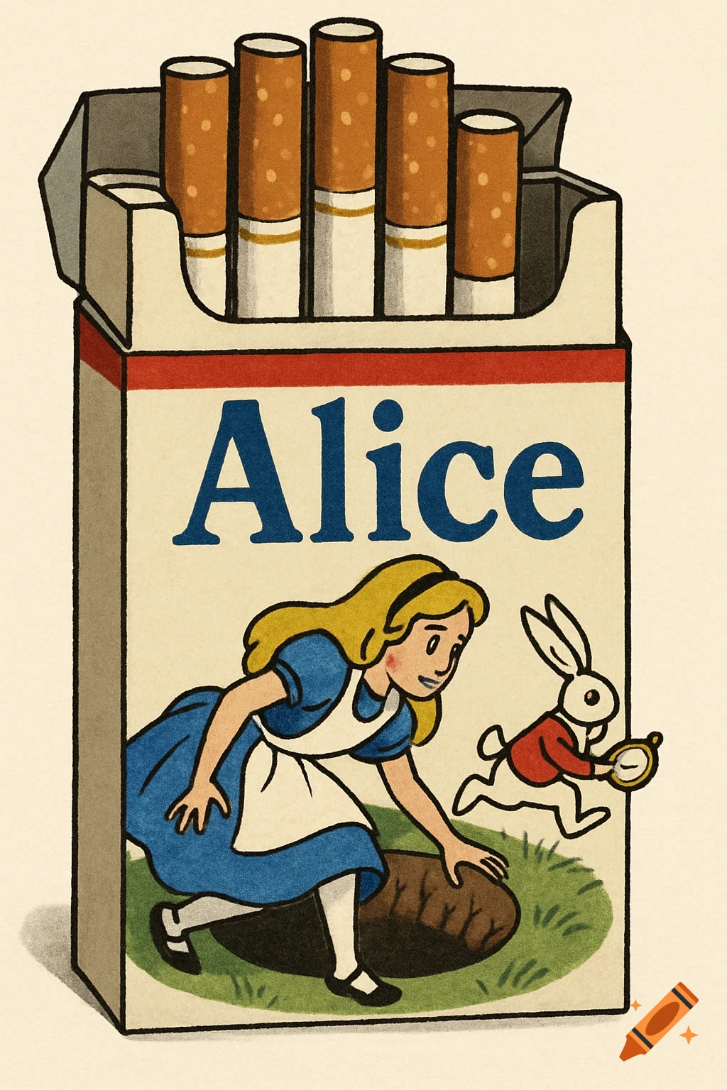 Illustration of a pack of cigarettes labeled Alice, featuring Alice and the White Rabbit.
