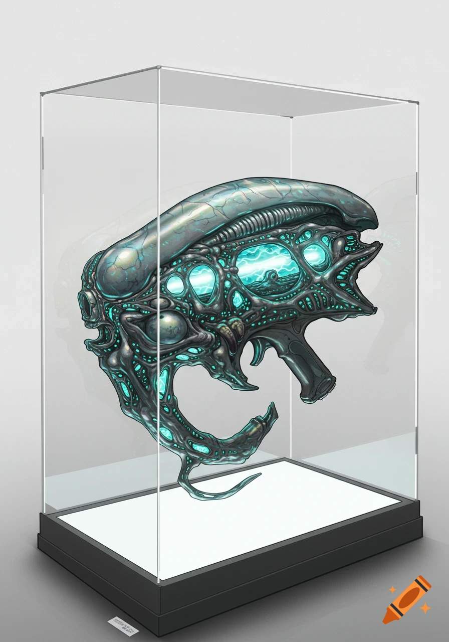 Futuristic alien weapon with glowing blue accents displayed in a clear acrylic museum case.