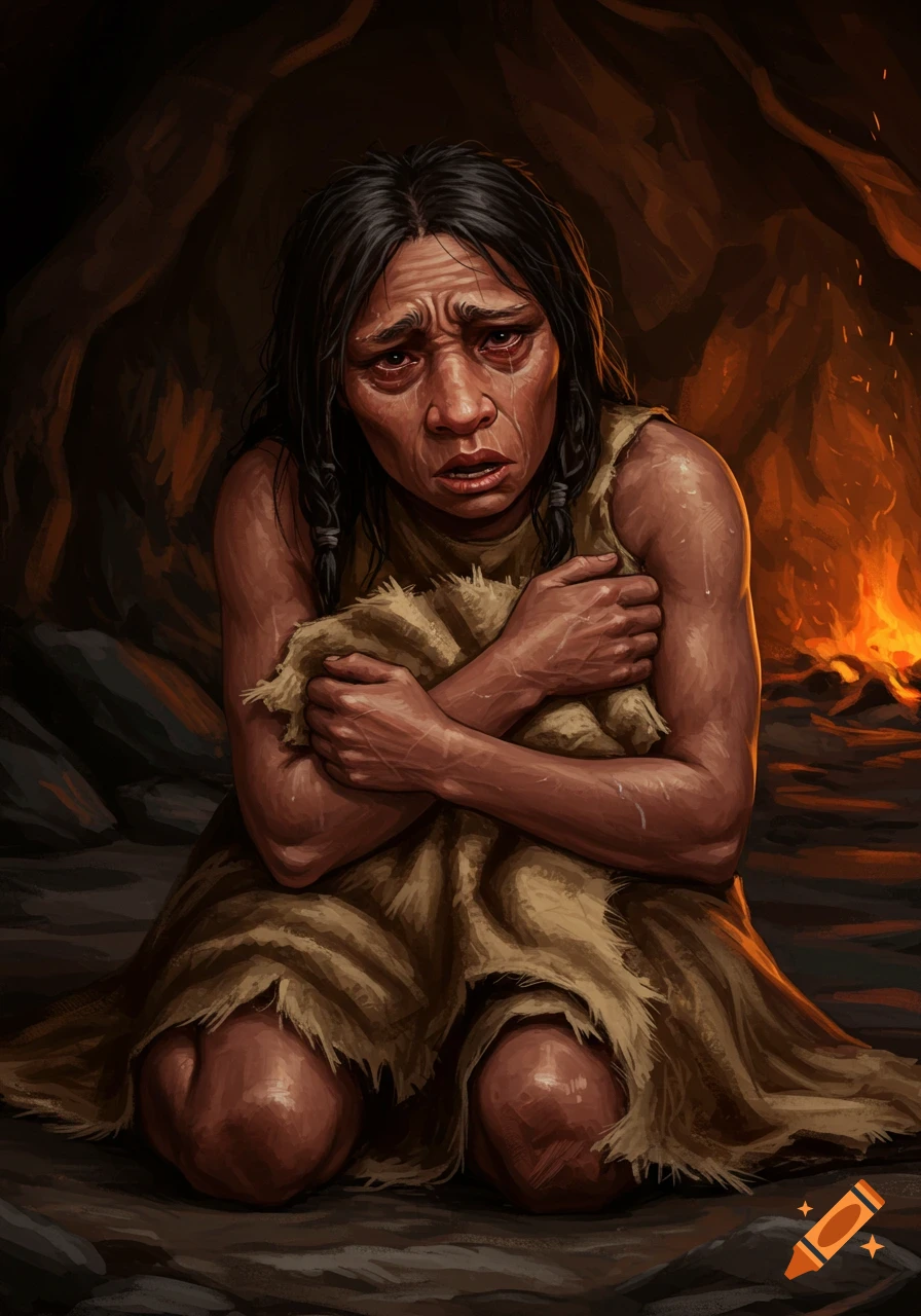 Illustration of a distressed prehistoric woman, possibly a Neanderthal, sick in a cave by a fire.