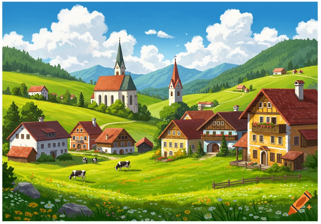 Picturesque village in a green mountain valley with houses, churches, and cows.