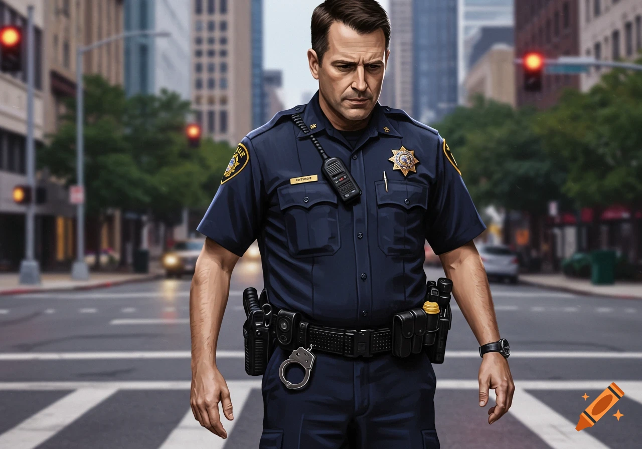 A police officer stands on a city street.