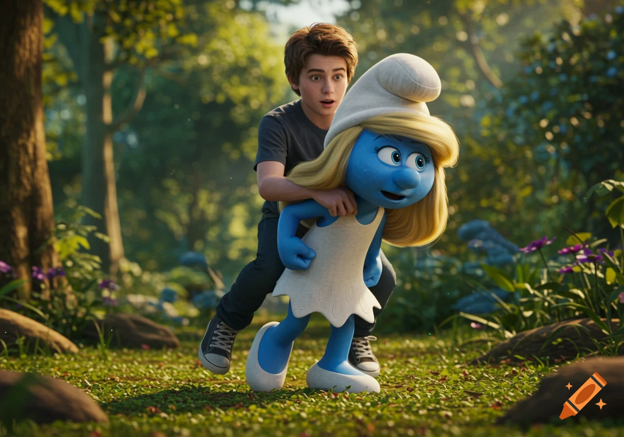 Smurfette carrying a teenage boy through a forest, photorealistic style