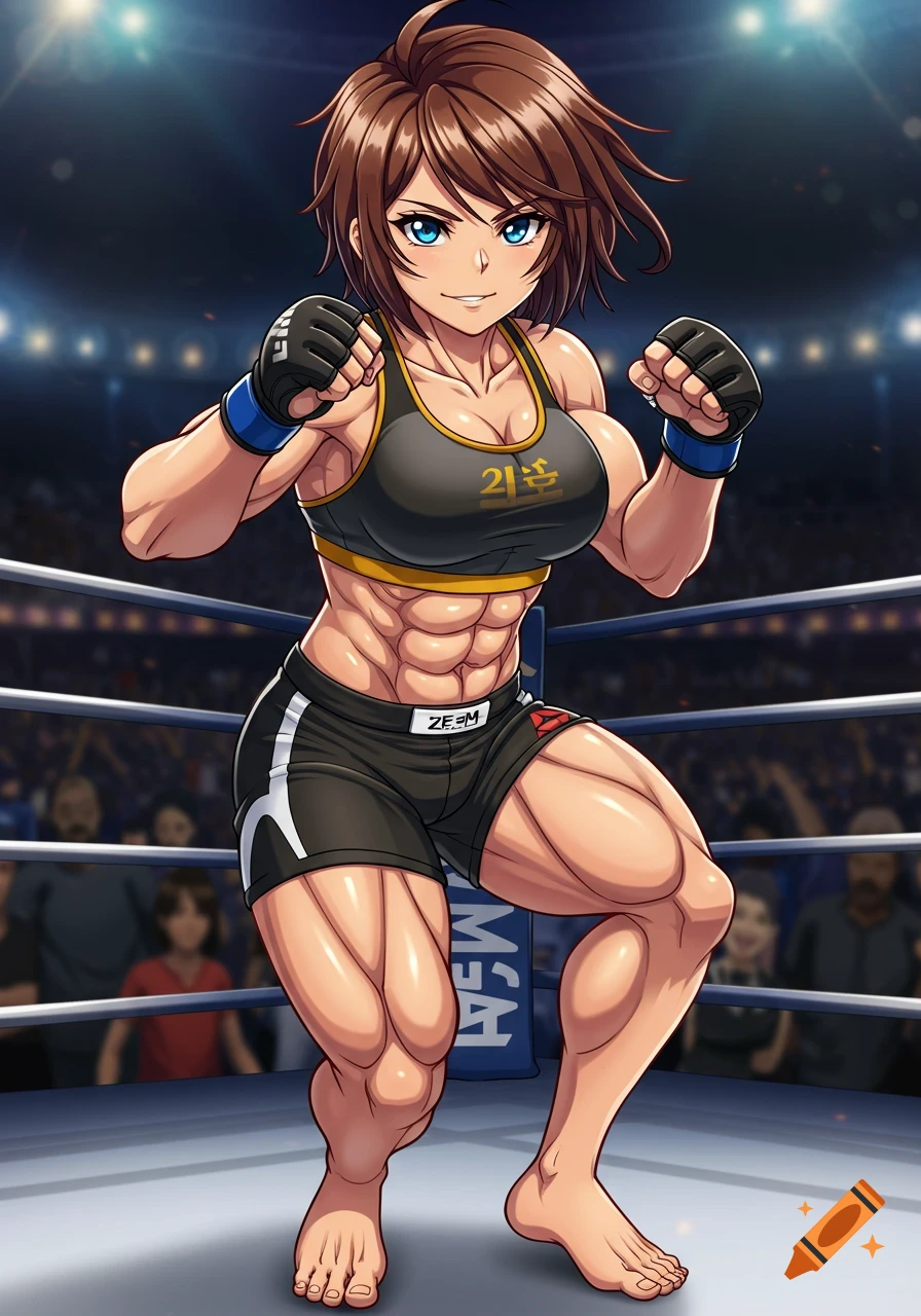 Muscular anime girl in MMA gear in a fighting ring