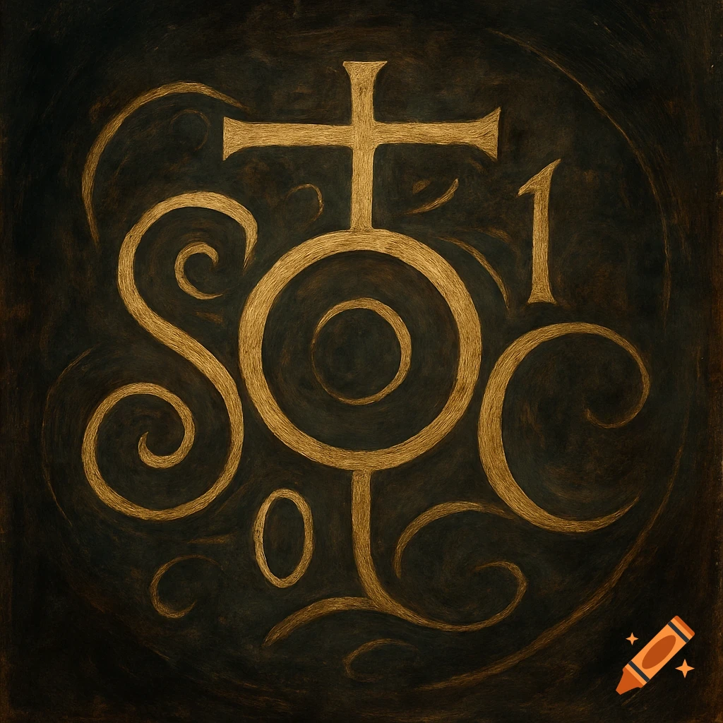 A dark, textured image with golden symbols, including a stylized 'S' spiral, a central 'O' circle, a cross (like a 'T'), the numbers '1' and '0', and swirling curves, resembling a witchy sigil.