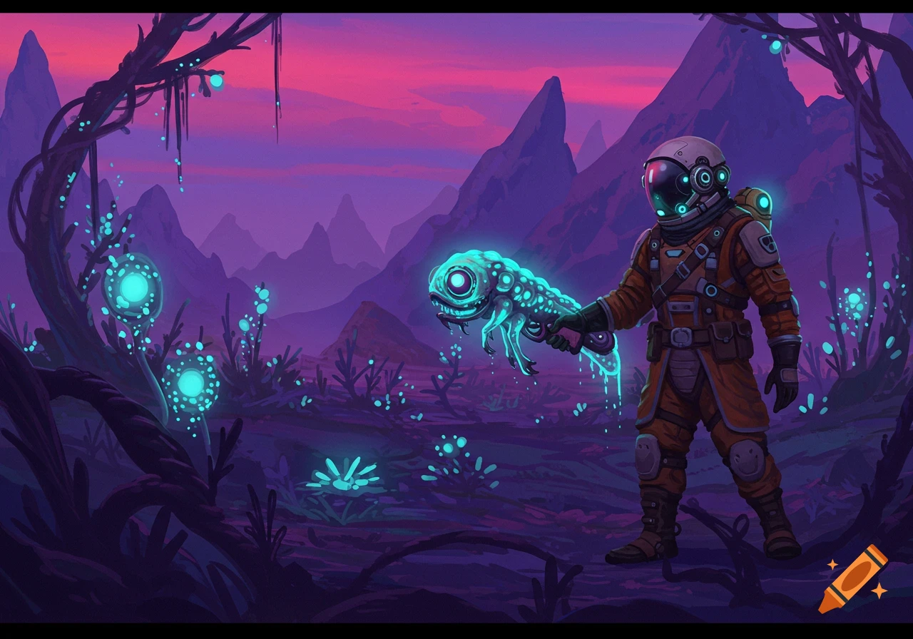 An astronaut holds a glowing alien creature like a weapon on a purple alien planet landscape with glowing plants.