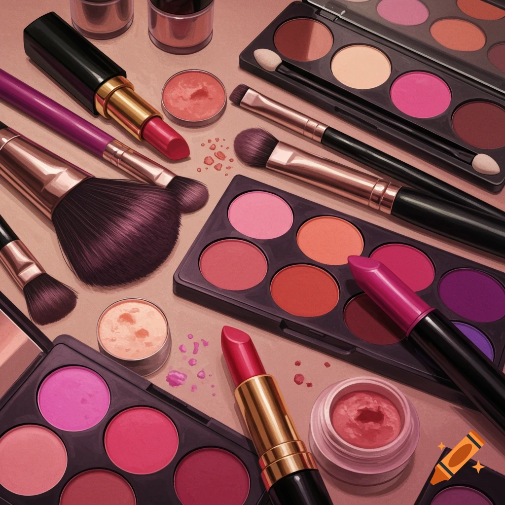 An overhead view of various makeup items including eyeshadow palettes, brushes, and lipsticks.