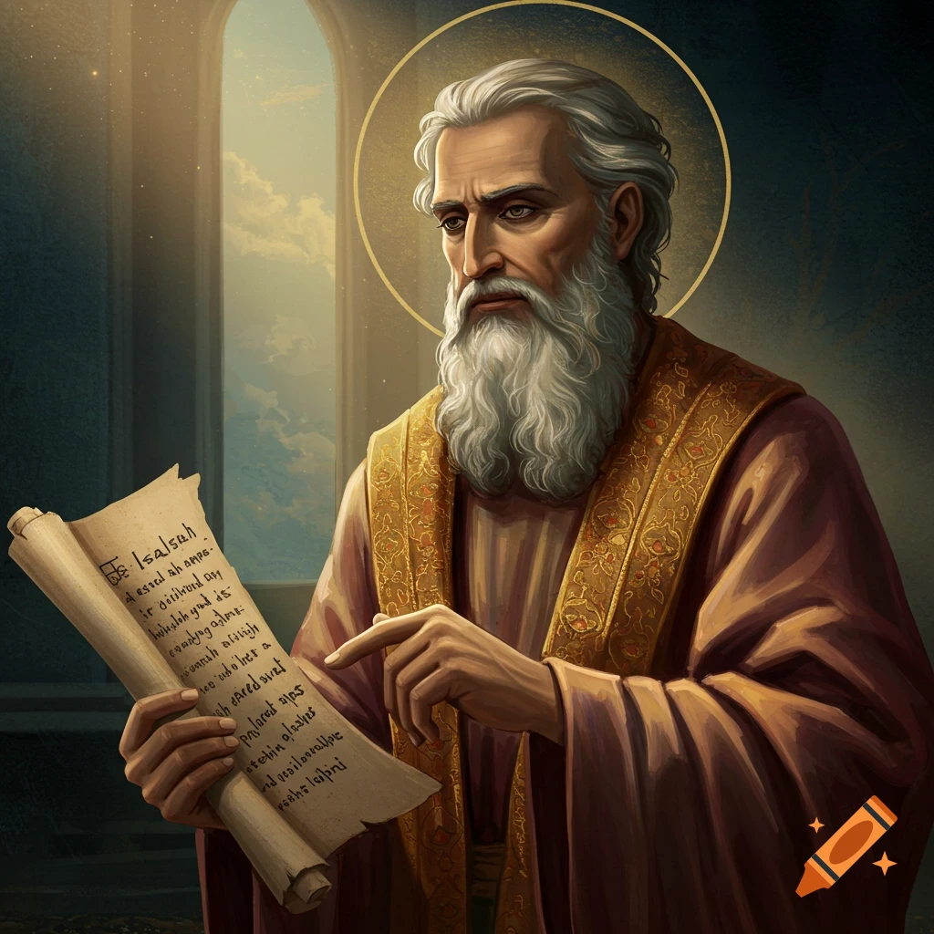 Illustration of the prophet Isaiah holding and pointing to a scroll