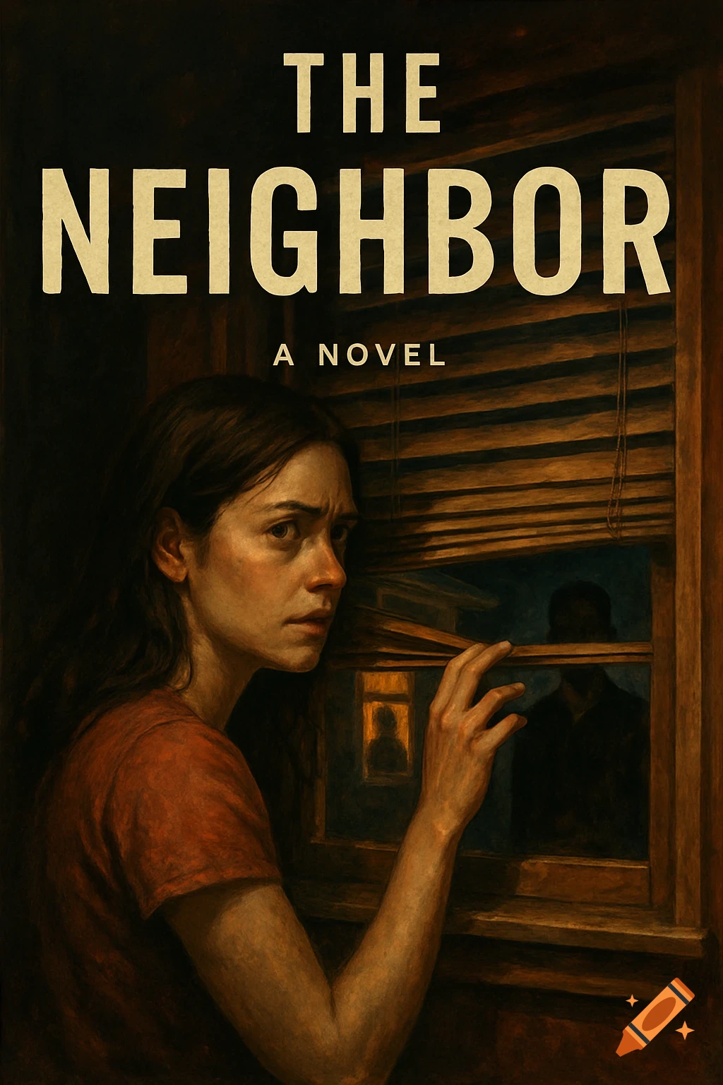 Painting of a woman peeking through window blinds. Text: THE NEIGHBOR A NOVEL.