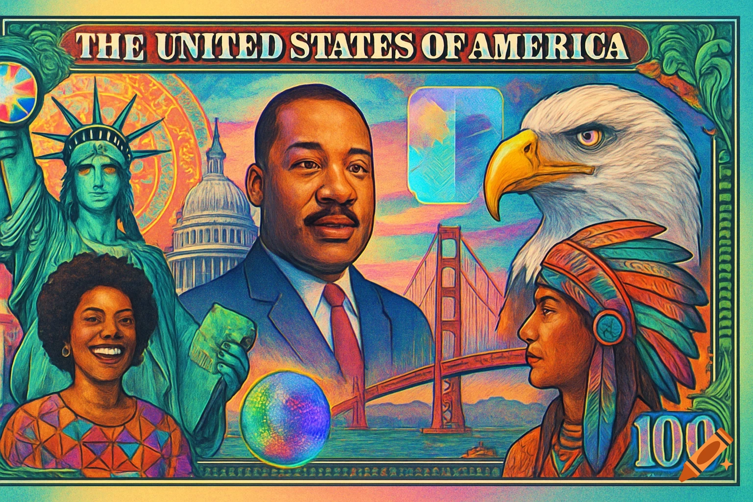 Colourful illustration like a US dollar bill, featuring MLK Jr., Statue of Liberty, Capitol, Golden Gate Bridge, eagle, and a woman.