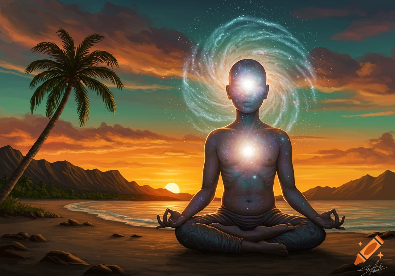 A figure meditates on a beach at sunset with a galaxy emanating from their head and chest. A palm tree is on the left.