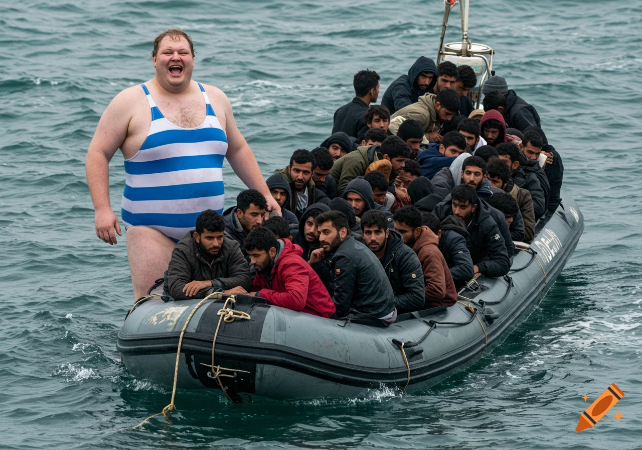 A gigantic man in a blue and white swimsuit stands in an overloaded inflatable boat filled with many people on the sea.