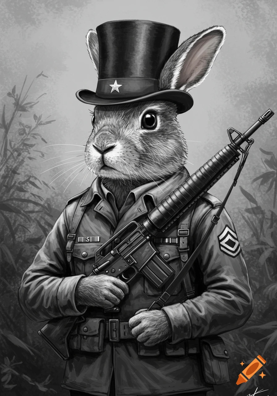 Black and white illustration of a rabbit in a top hat and military ...