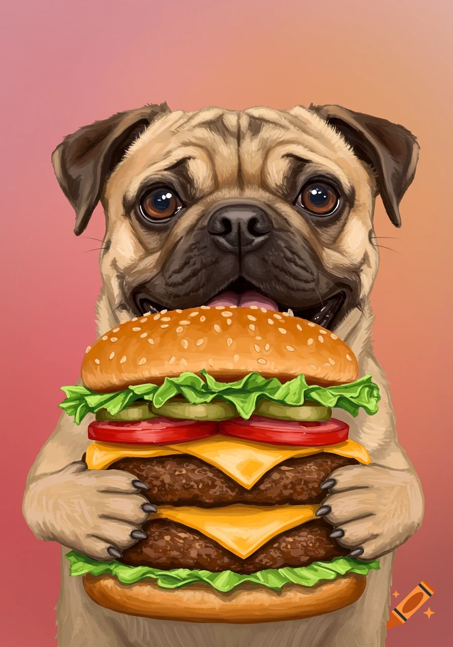 A cartoon illustration of a pug dog holding a large cheeseburger.