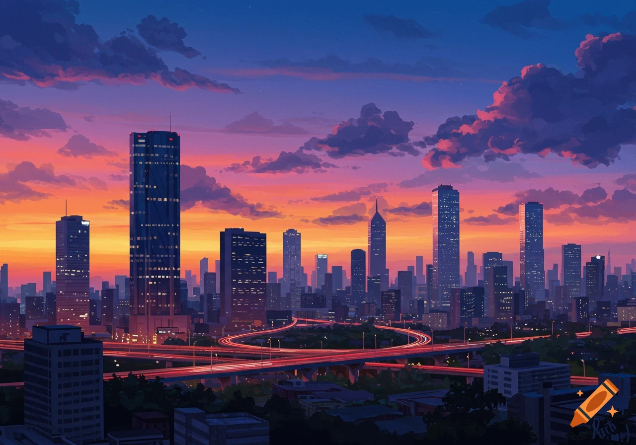 Anime style cityscape at sunset with highway interchange