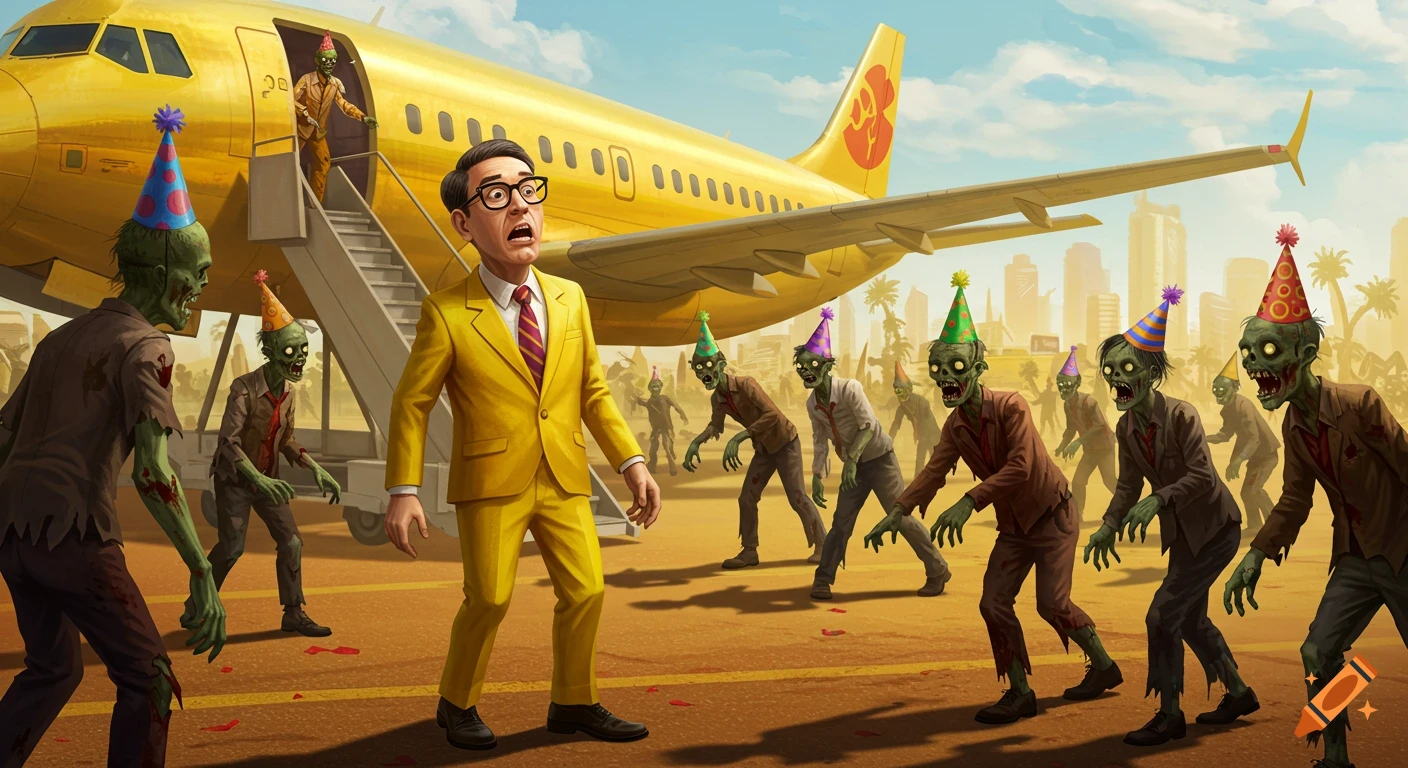 A man in a yellow suit is surprised by a horde of zombies wearing party hats descending from a gold plane on a tarmac. Illustration.