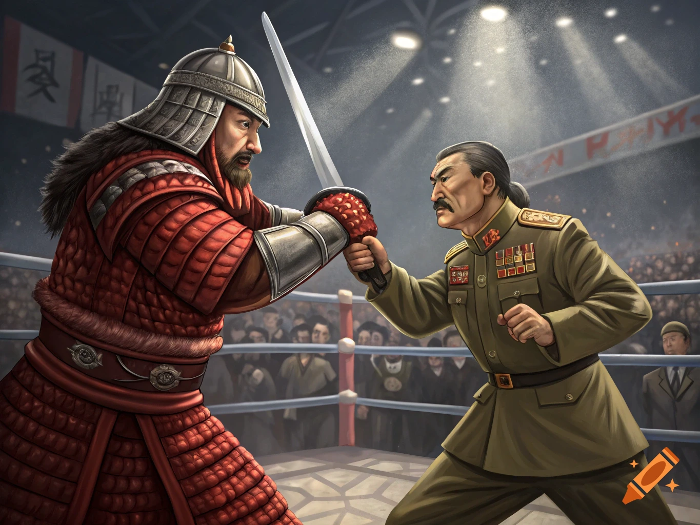 Illustration of historical figures fighting with a sword in a boxing ring.