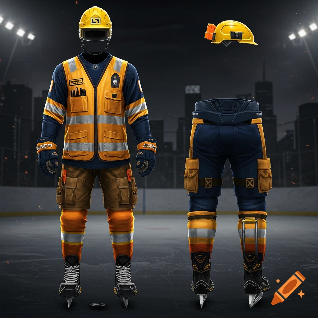 A hockey uniform styled as a construction worker outfit, standing on an ice rink with a city background.