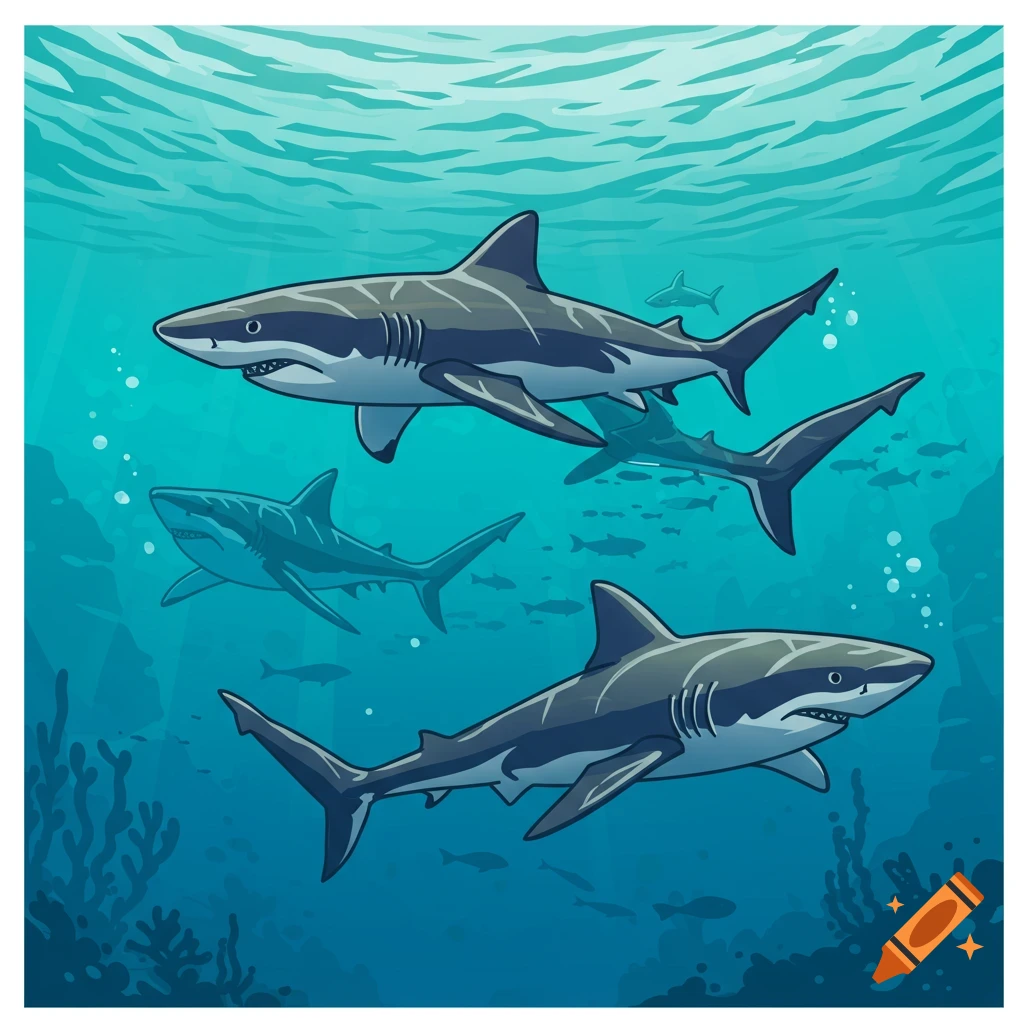 Illustrative depiction of several sharks swimming in blue ocean water.