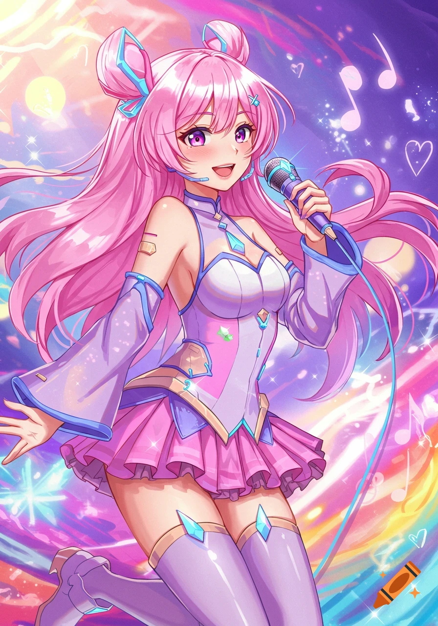 Anime girl with pink hair singing into a microphone on a stage