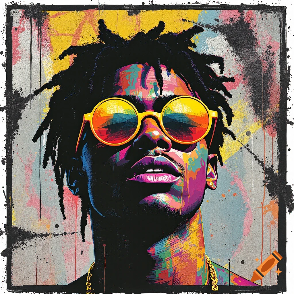 Vibrant portrait of person with dreadlocks and sunglasses in urban graffiti style.
