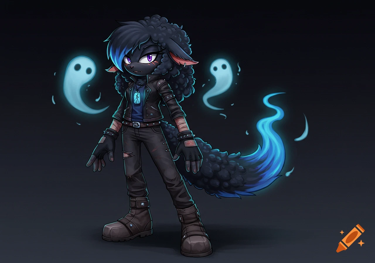 A black sheep character in a leather jacket and boots stands with glowing purple eyes, surrounded by blue ghostly wisps.