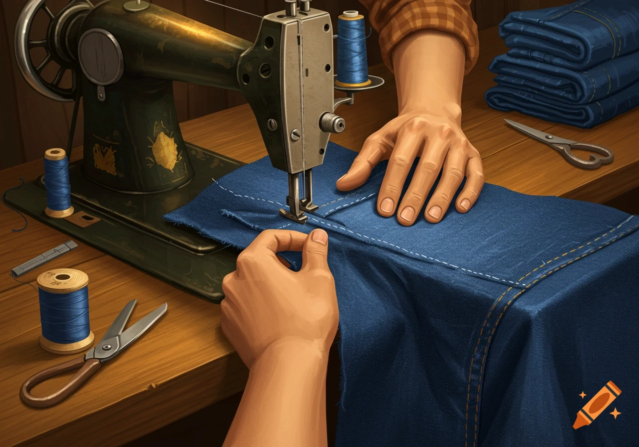 Close-up illustration of hands sewing blue jeans fabric on a vintage sewing machine with thread spools, scissors, and folded fabric on a wooden table.