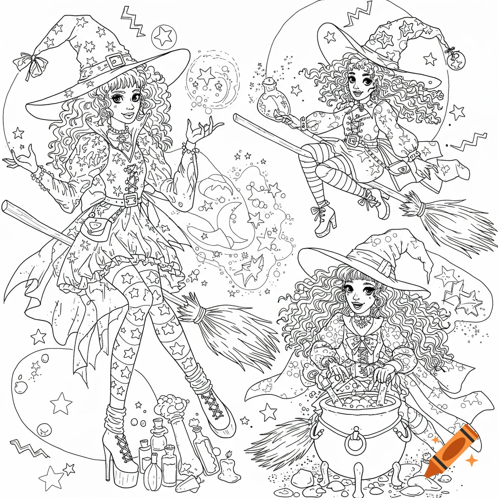 Black and white line art coloring page featuring three 80s style witches.