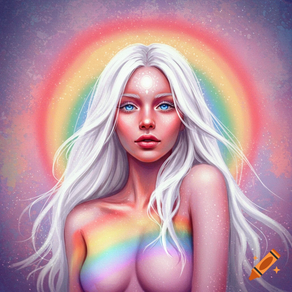 A fantasy portrait of a woman with white hair, blue eyes, and a rainbow aura behind her, in a painted style.