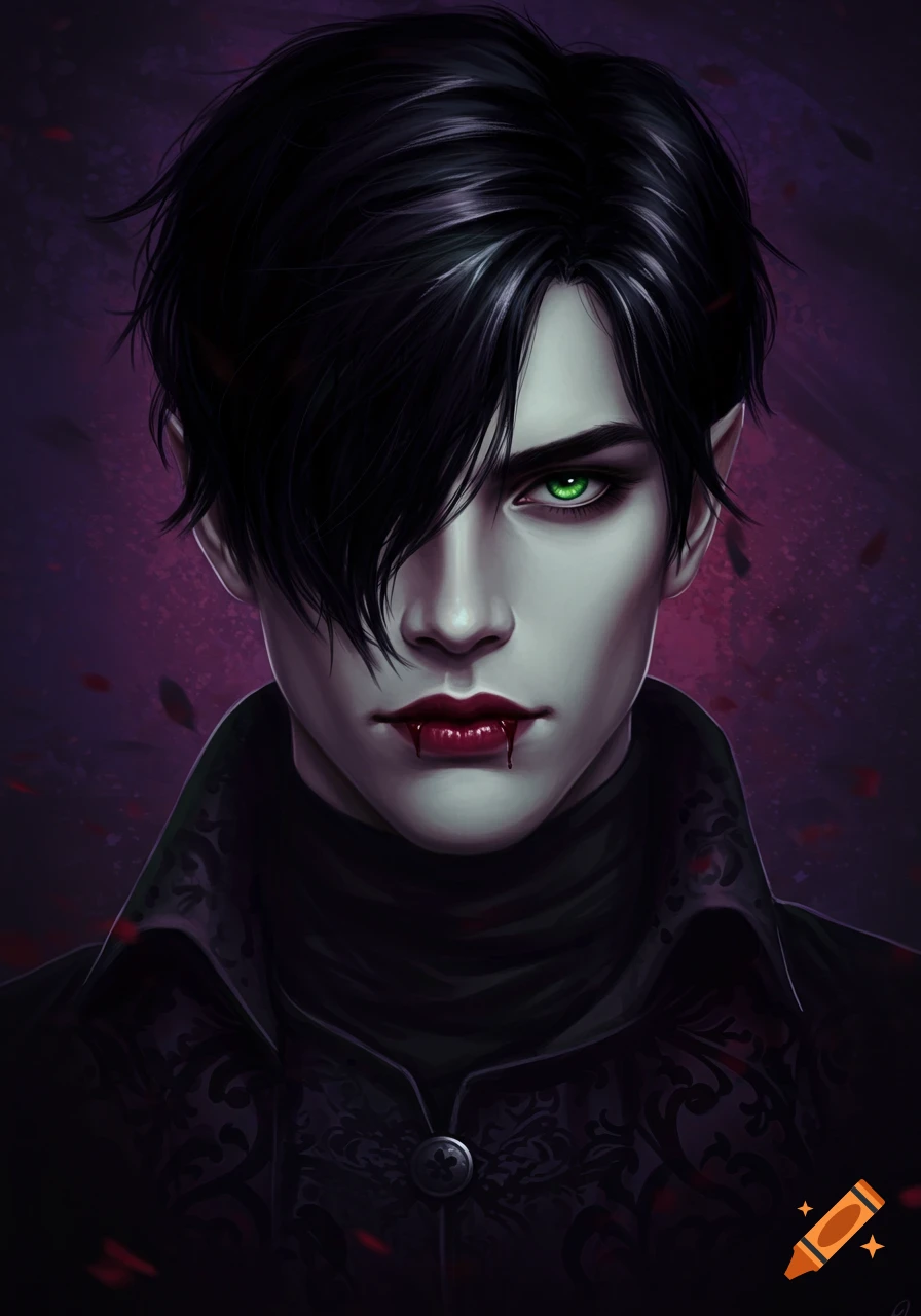 Digital painting of a dark-haired male vampire with green eyes and blood on his lips.