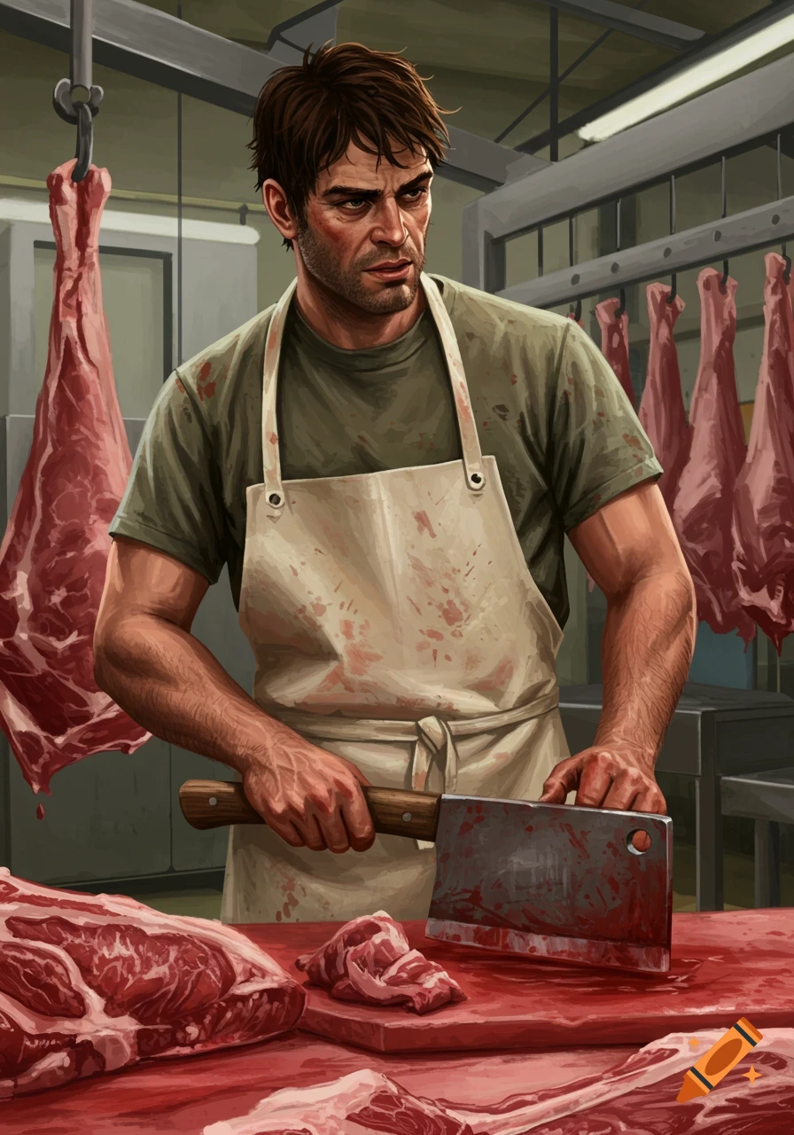Illustration of a meat packer standing over a cutting table with a cleaver, raw meat and hanging carcasses.