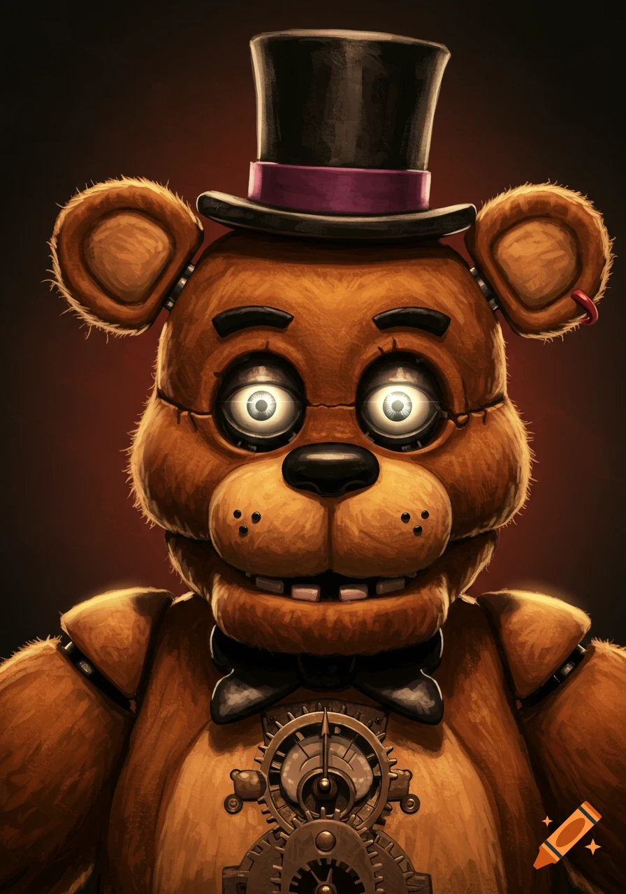 Close-up portrait illustration of Freddy Fazbear, an animatronic bear from Five Nights at Freddy's, wearing a top hat and bowtie.