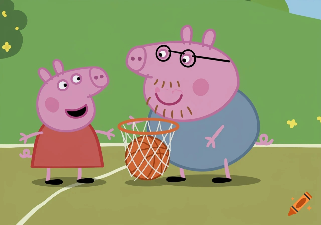Peppa Pig playing basketball with Daddy Pig as the ball