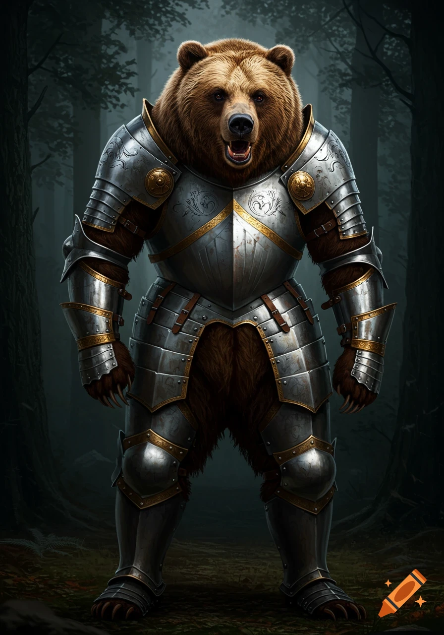 A ferocious brown bear stands in a forest clearing wearing full knight's armor.