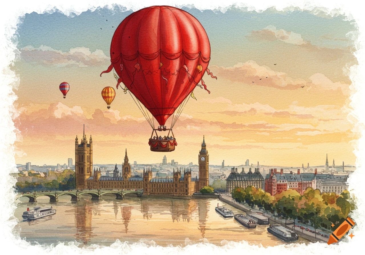 Red hot air balloon flies over the Houses of Parliament in London watercolor