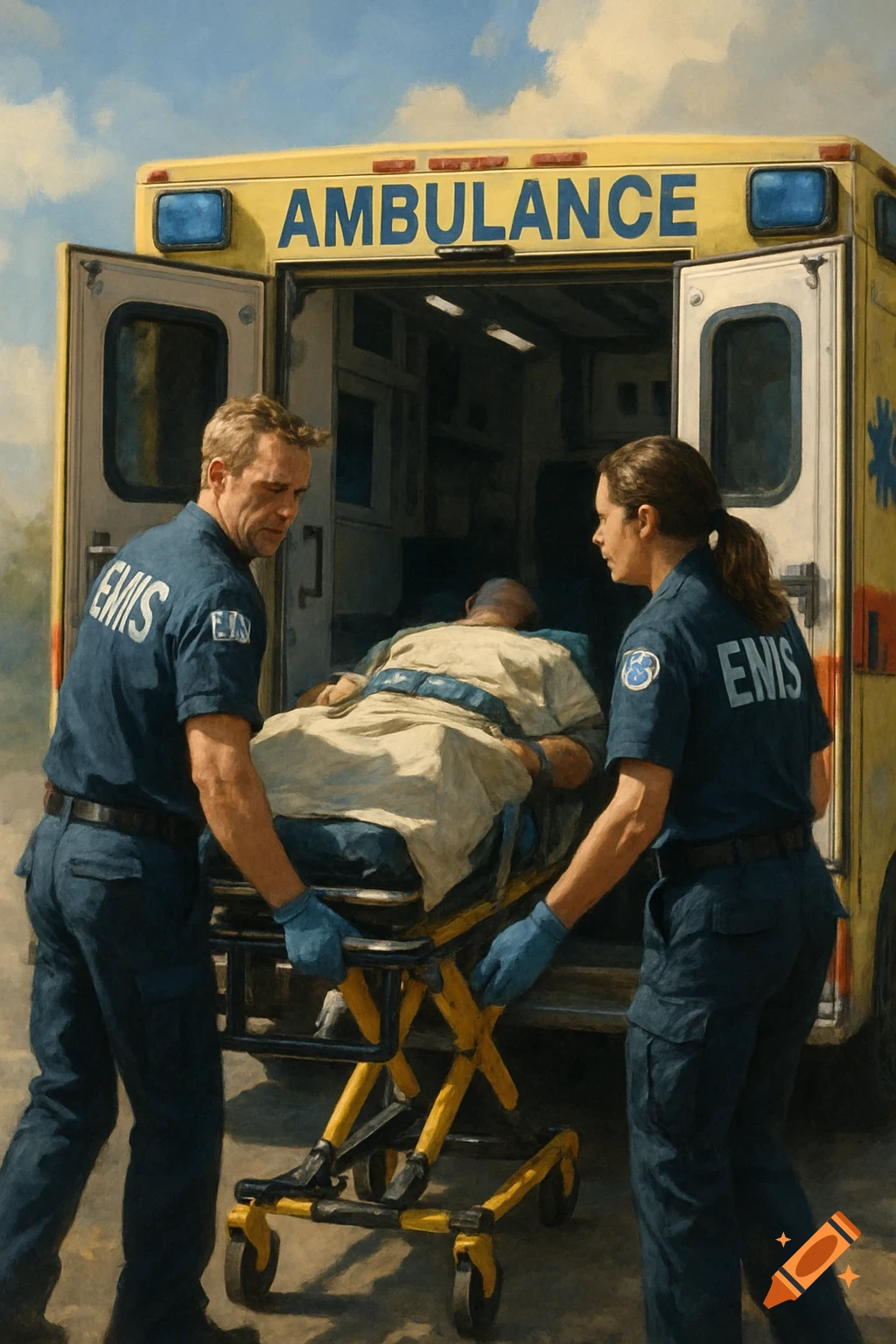Two paramedics load a patient on a stretcher into an ambulance, painted style.