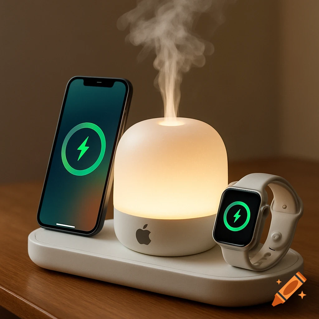 An iPhone, Apple Watch, and a mist diffuser sit on a white charging station.