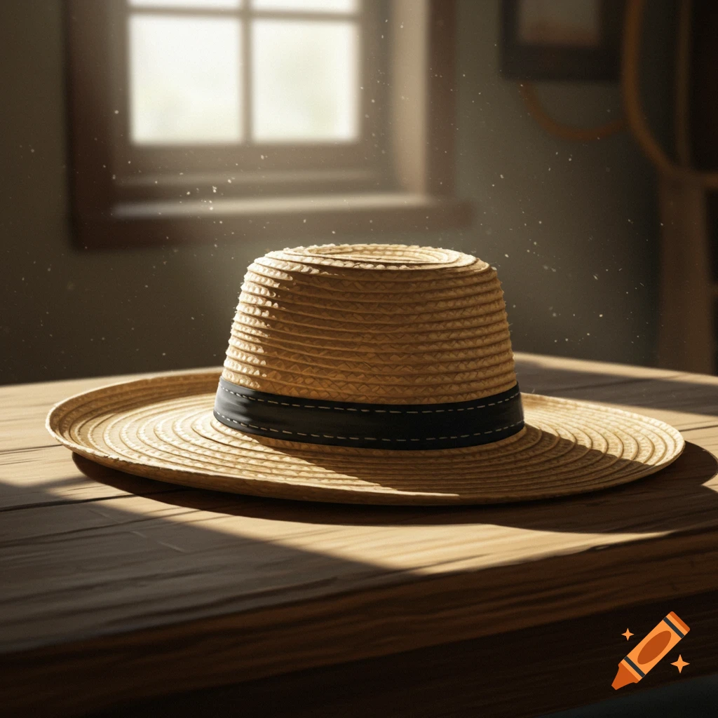 A straw hat sits on a wooden table illuminated by sunlight