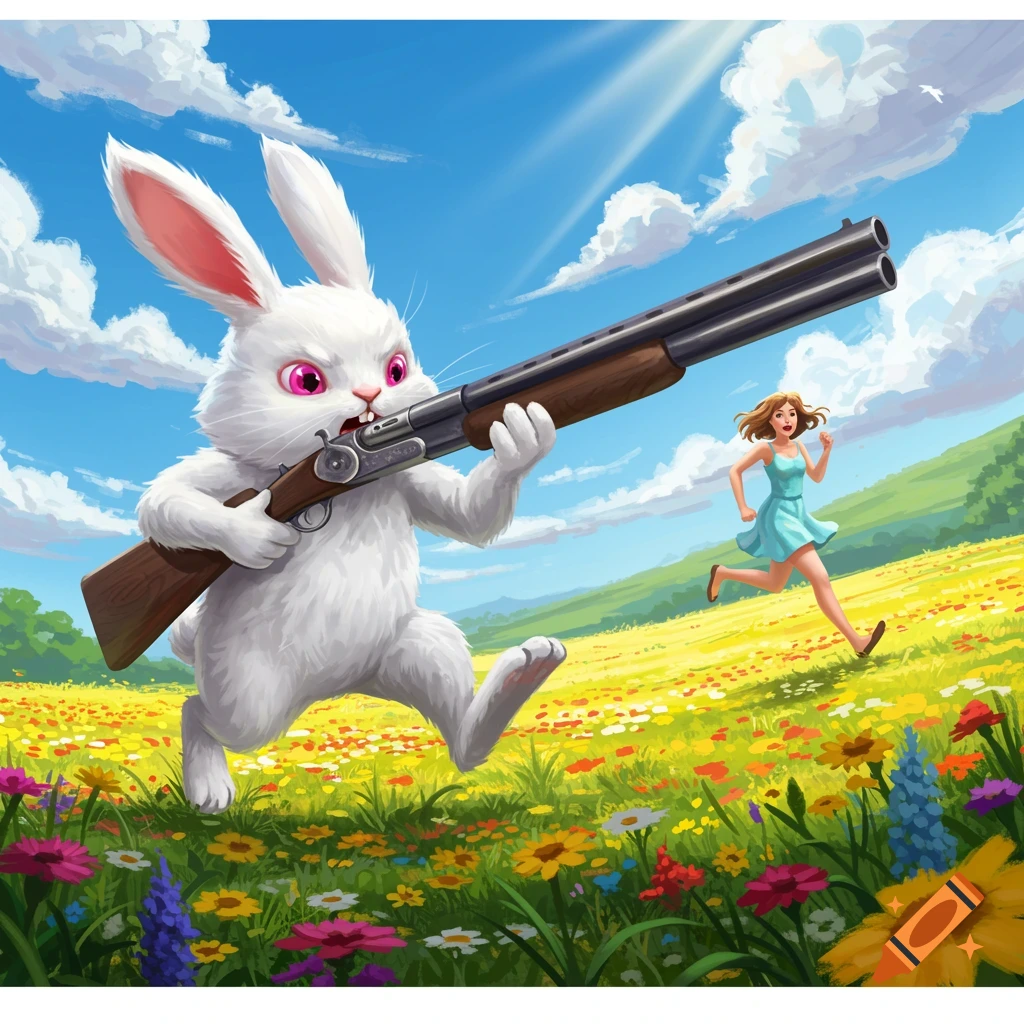 Cartoon rabbit holding a shotgun chases a person through a sunny flower field illustration.