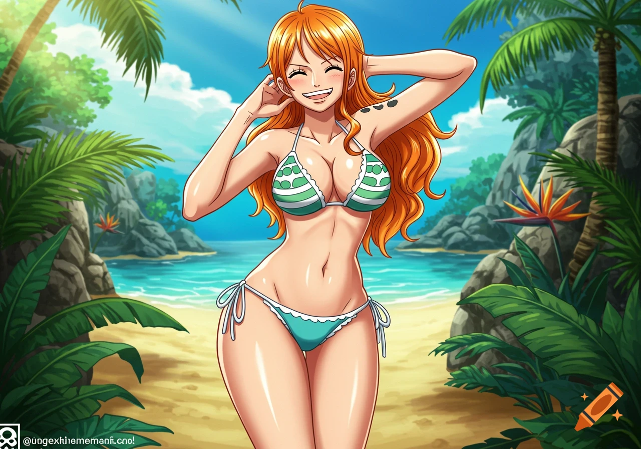 Nami from One Piece in a bikini on a tropical beach in anime style.