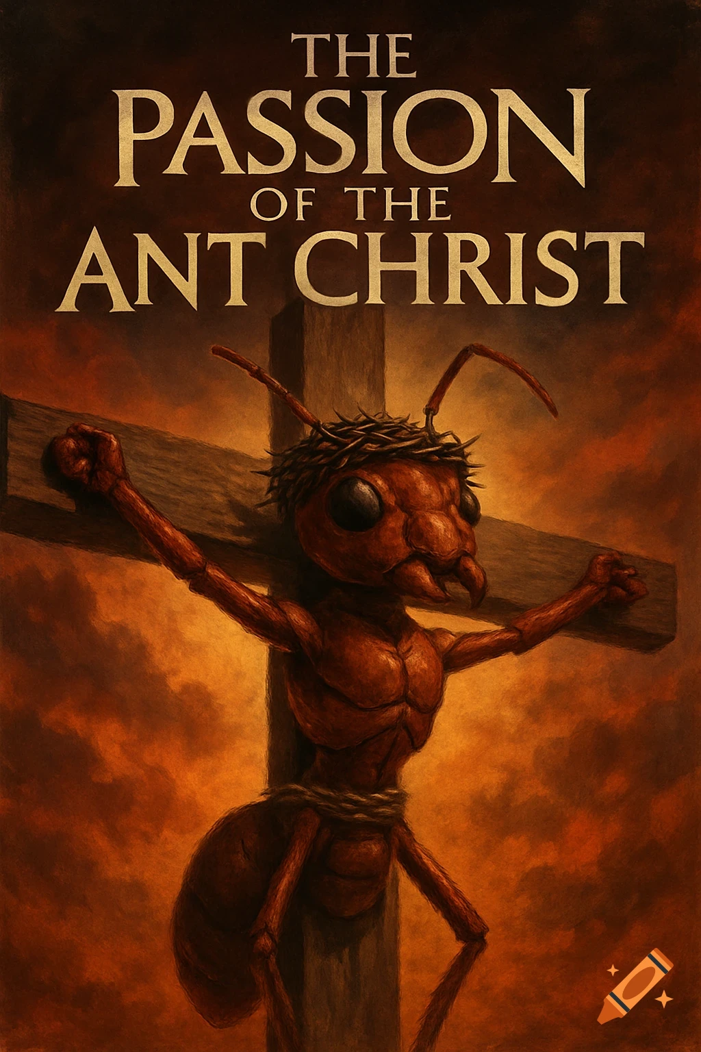 Dramatic movie poster of an ant on a cross with text "The Passion of the Ant Christ".
