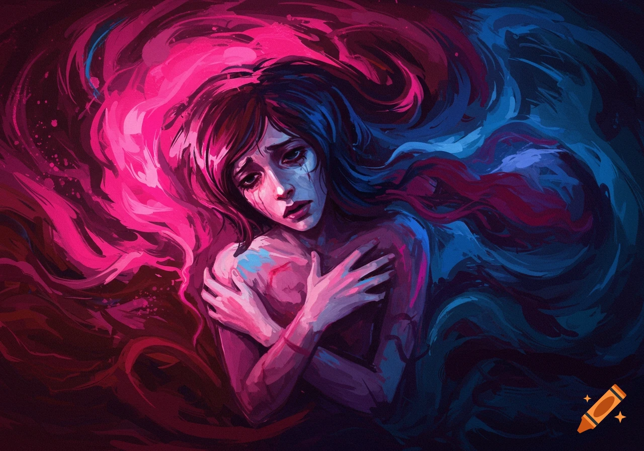 Painting of a distressed person hugging themselves surrounded by swirling pink and blue shapes.