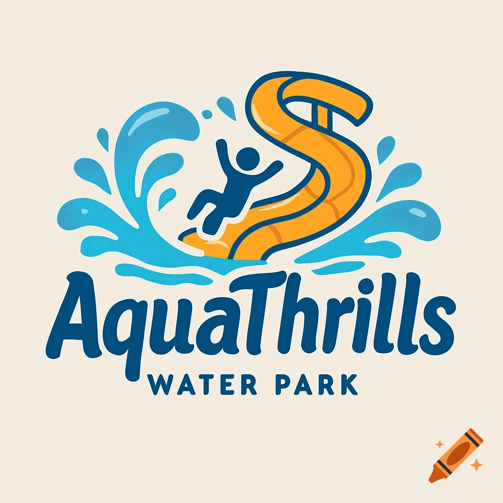 Logo for AquaThrills Water Park with a person on a waterslide and water splashes, featuring text 'AquaThrills WATER PARK'.