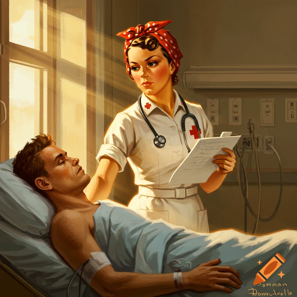 Vintage illustration of a nurse in a hospital room checking on a patient.