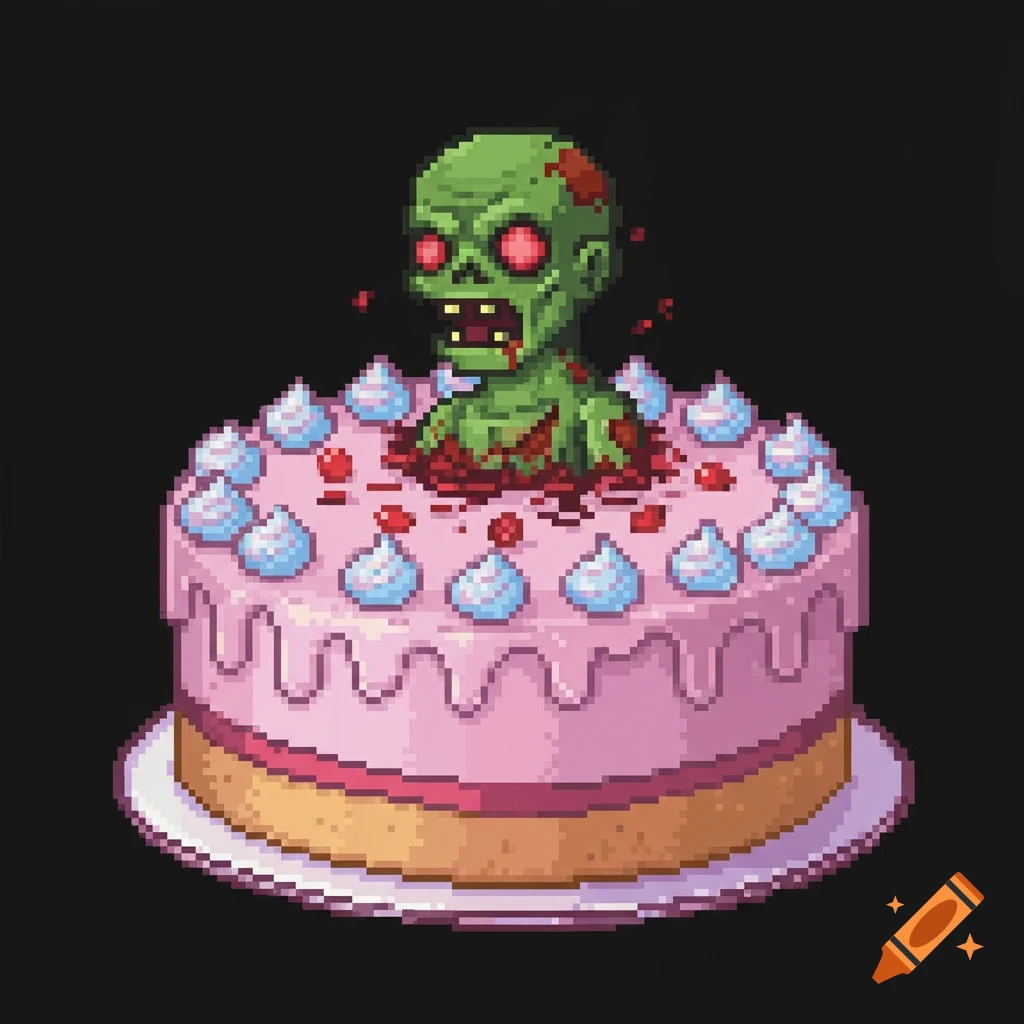 Pixel art of a green zombie head emerging from a pink cake.