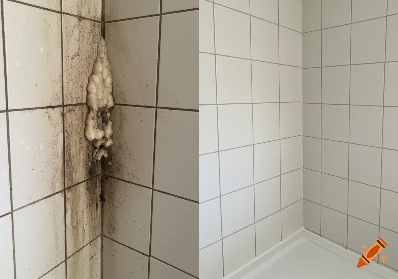 Side-by-side comparison of a dirty shower corner with mold and soap scum and a clean, sparkling white tiled shower corner.