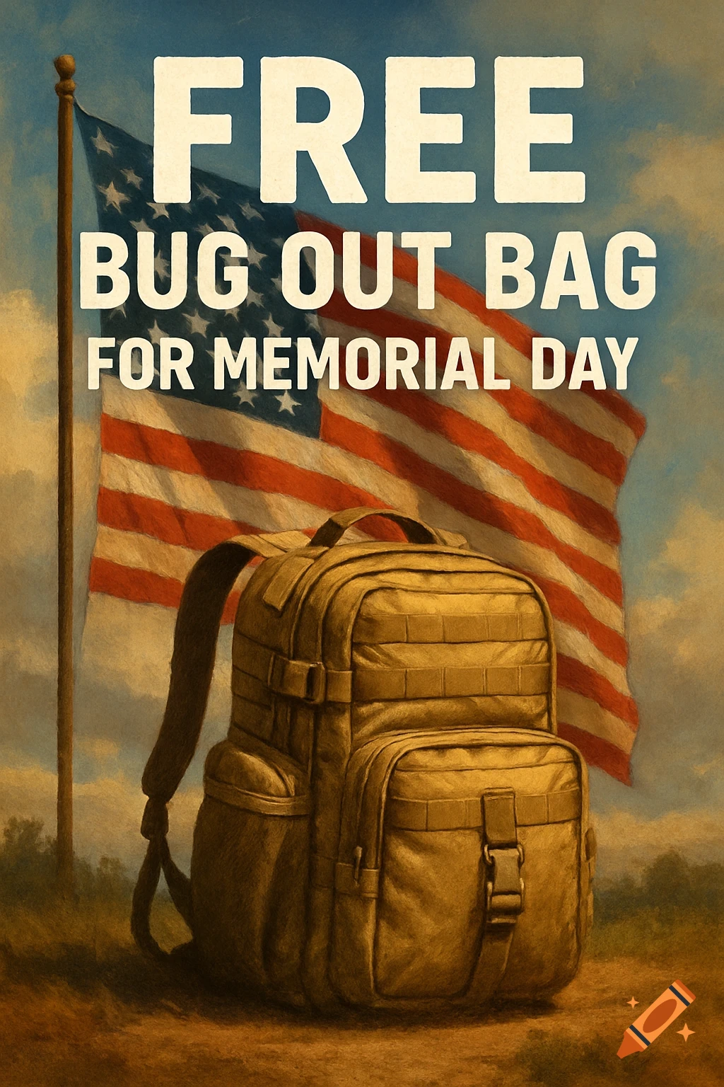 A tactical backpack sits in front of an American flag with text reading 'FREE BUG OUT BAG FOR MEMORIAL DAY' in a painterly style.