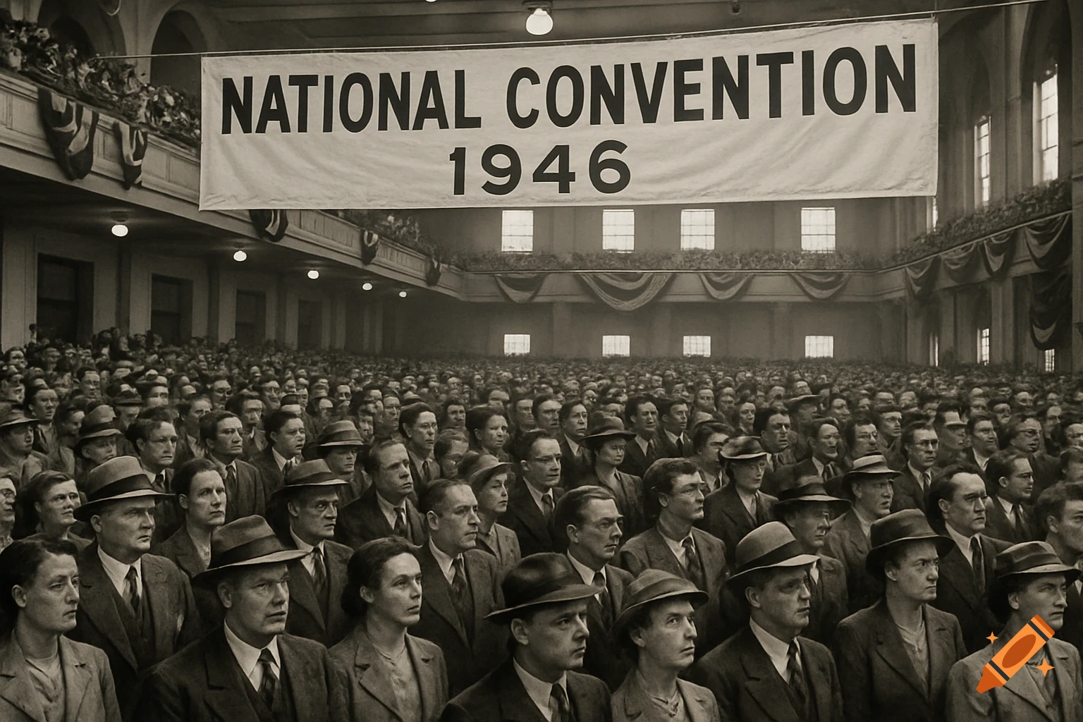 Black and white photo of a large crowd attending the National Convention in 1946.