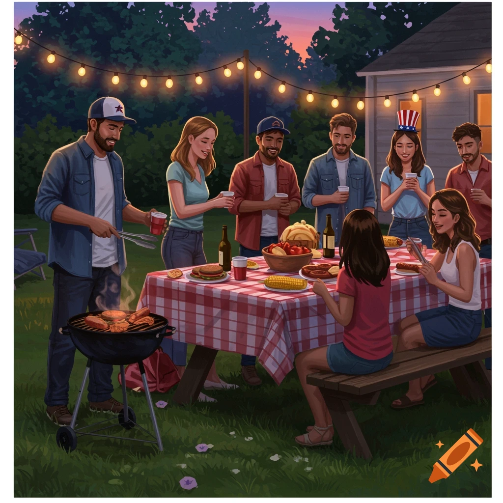 Illustration of a group of friends having an outdoor backyard BBQ with string lights at sunset.
