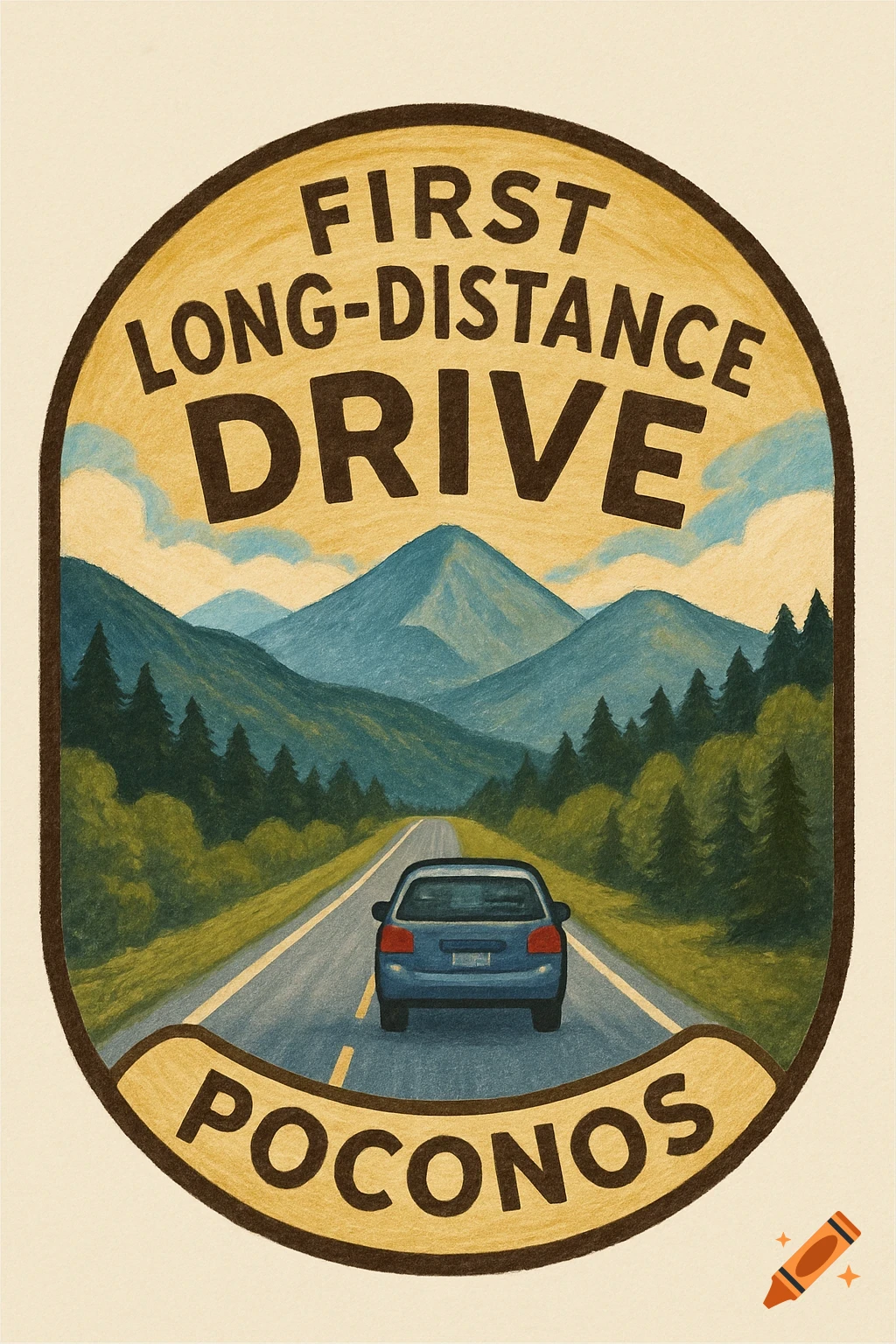 Colored pencil illustration of a car driving towards mountains on an oval badge with text 'FIRST LONG-DISTANCE DRIVE POCONOS'
