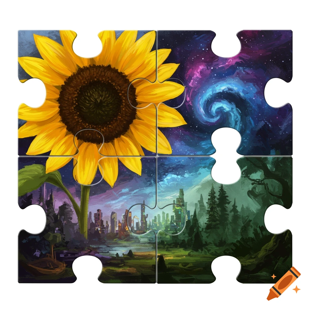 A 4-piece puzzle with a sunflower, a galaxy, a futuristic city, and a forest scene.